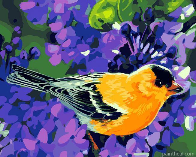 Yellow Bird Purple Flowers Birds Painting By Numbers Kits