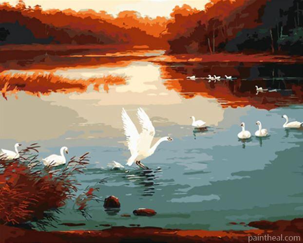Swans on Sunset And Lake Painting By Numbers Kits