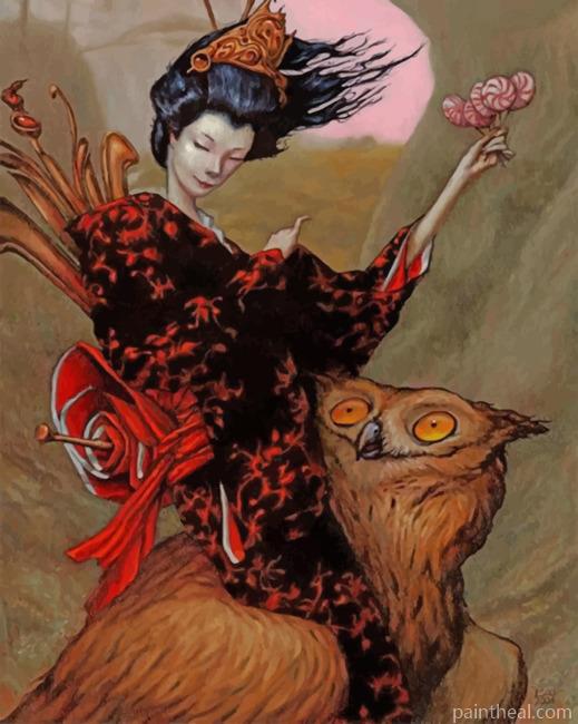 Asian Woman And Owl Painting By Numbers Kits