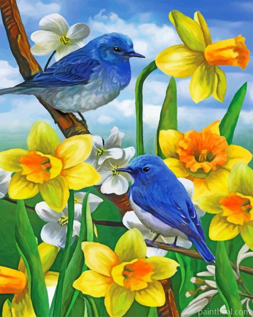 Bluebirds And Wild daffodils Painting By Numbers Kits