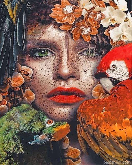 Parrots Woman Flowers Painting By Numbers Kits