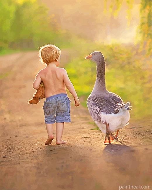 Little Boy With Duck Painting By Numbers Kits