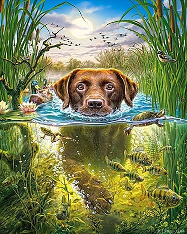 Swimming Dog With Fish Painting By Numbers Kits
