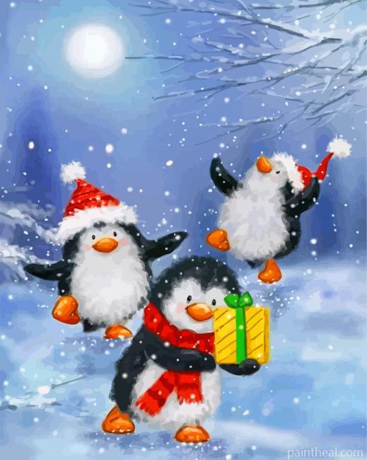 Penguins Celebrating Xmas Painting By Numbers Kits
