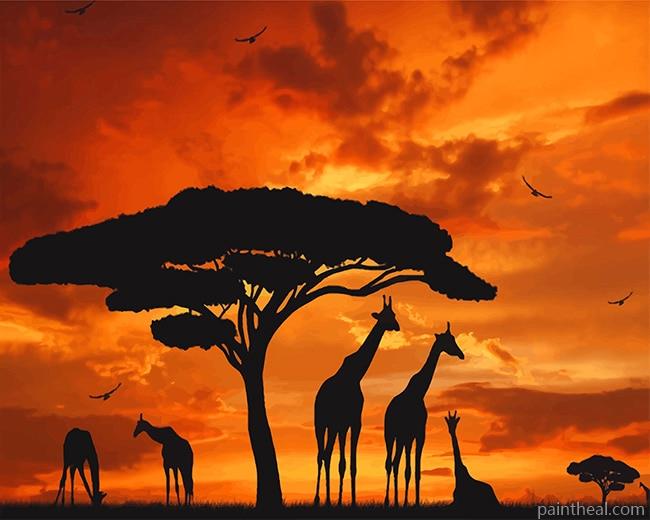 Giraffes Silhouette At Sunset Painting By Numbers Kits