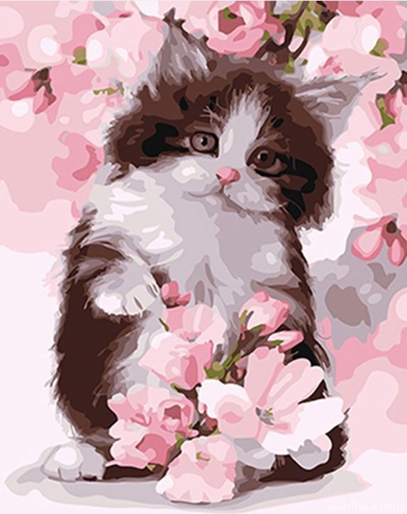 Little Kitten With Pink Flowers Painting By Numbers Kits