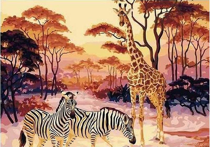 Giraffe And Zebras In Zoo Painting By Numbers Kits