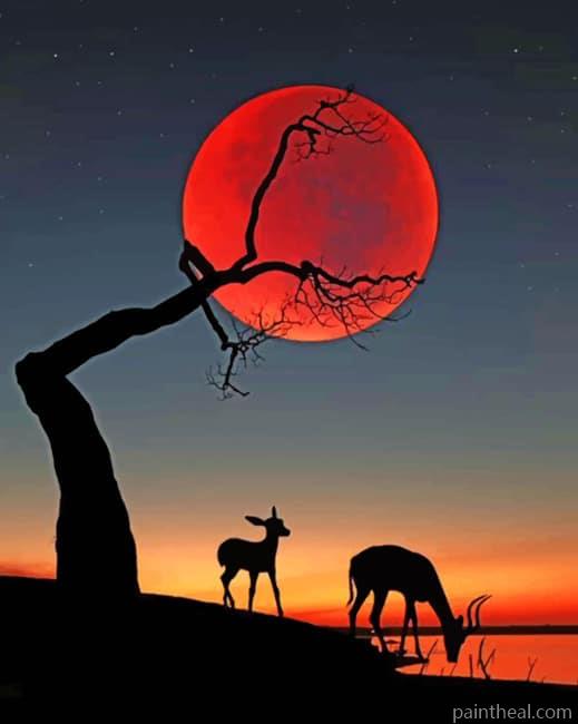 Red Moon With Deer Silhouette Painting By Numbers Kits