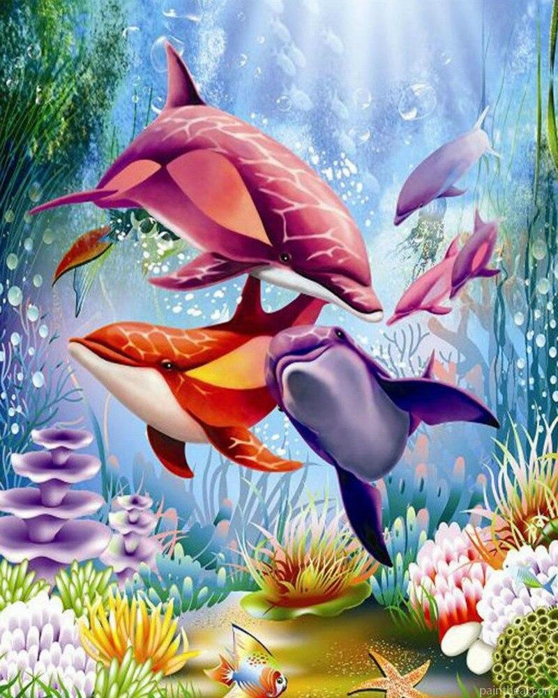 Colorful Dolphins Underwater Painting By Numbers Kits