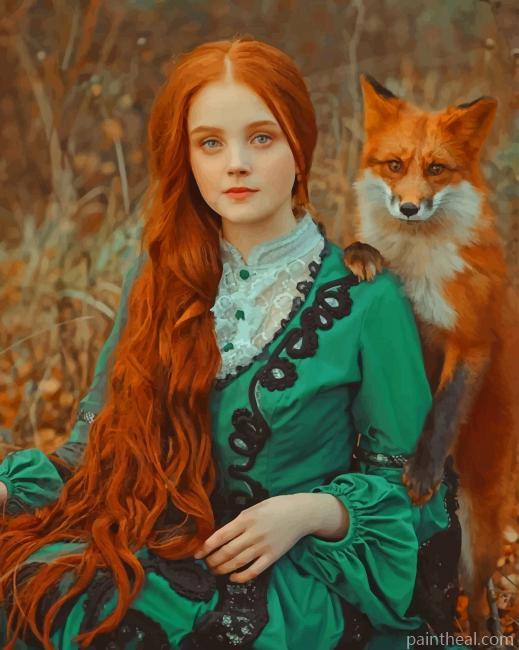 Orange Fox And A Girl With A Red Hair Painting By Numbers Kits