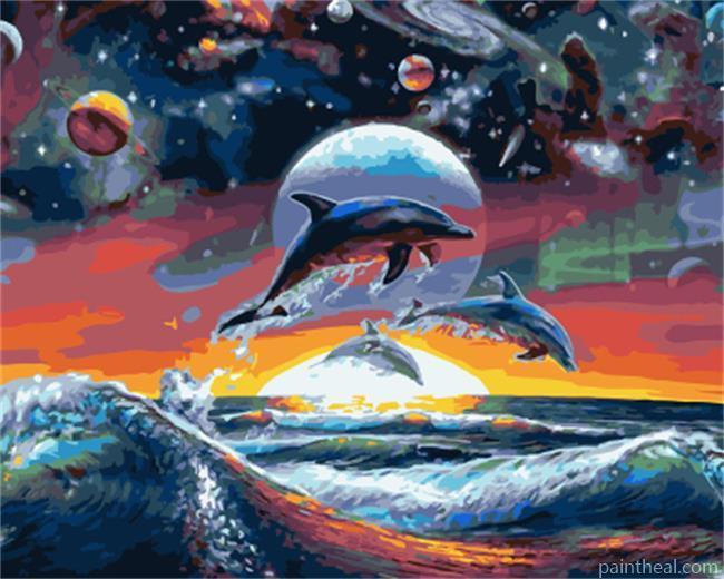 Jumping Dolphins In Sea Art Painting By Numbers Kits