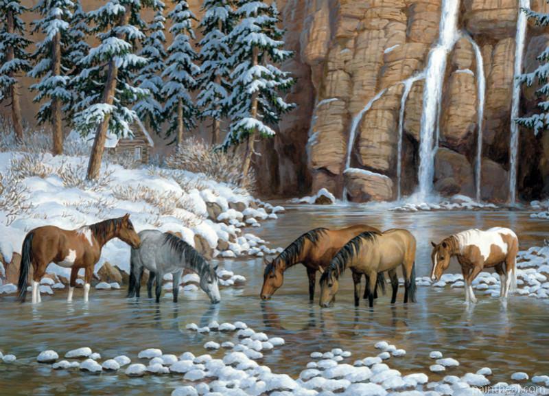 Flock Of Horses In Pond Painting By Numbers Kits