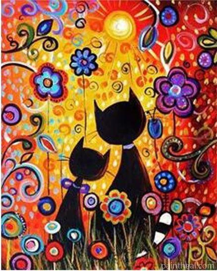 Cats Silhouette With Flowers Art Painting By Numbers Kits