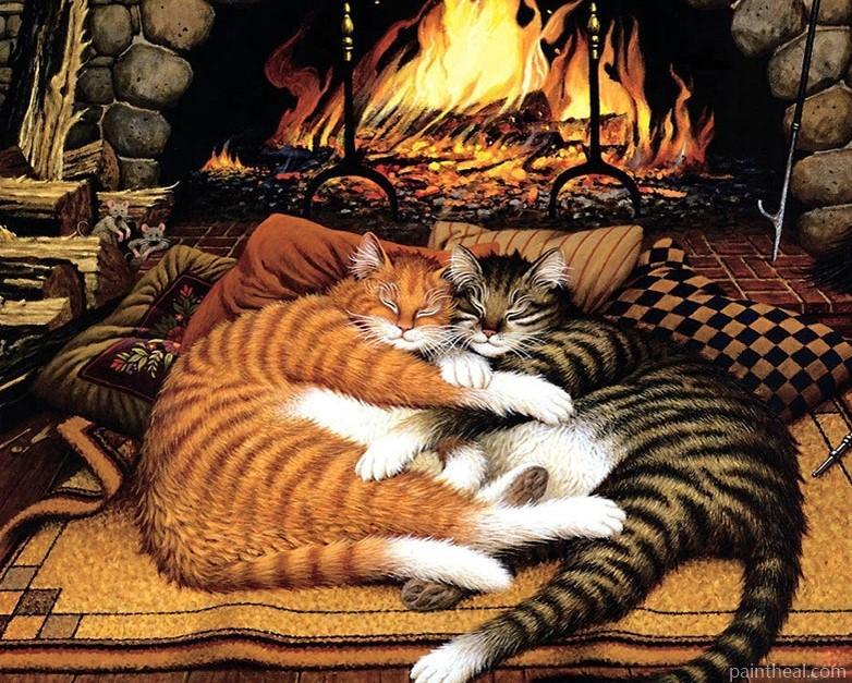 Hugging Cats By Fireplace Painting By Numbers Kits