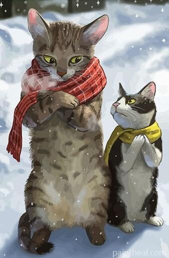 Cats With Scarf In Snow Painting By Numbers Kits