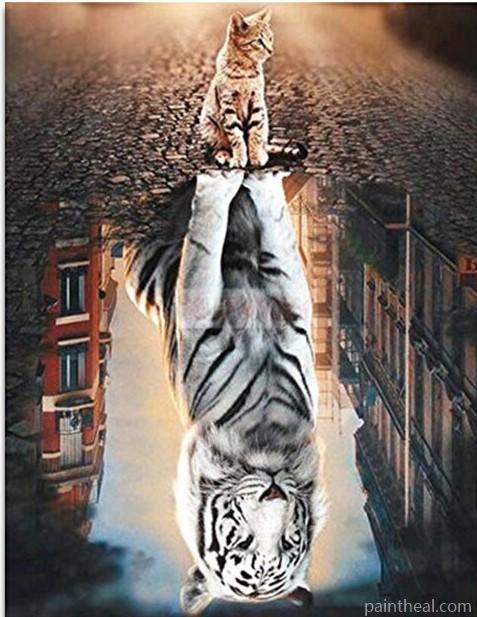Cat Reflection White Tiger Painting By Numbers Kits