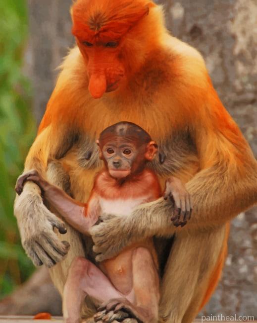 Mommy And Baby Proboscis Monkey Painting By Numbers Kits