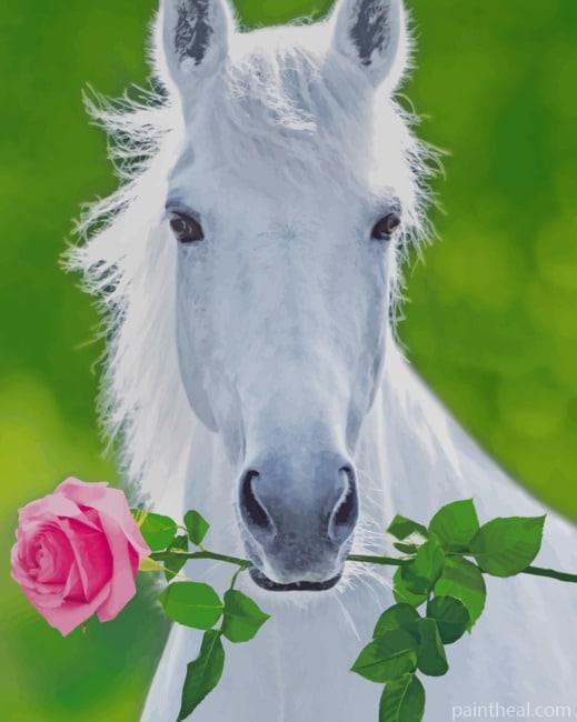 White Horse Holding Pink Flower Painting By Numbers Kits