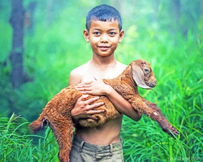 Boy Holding Little Sheep Painting By Numbers Kits