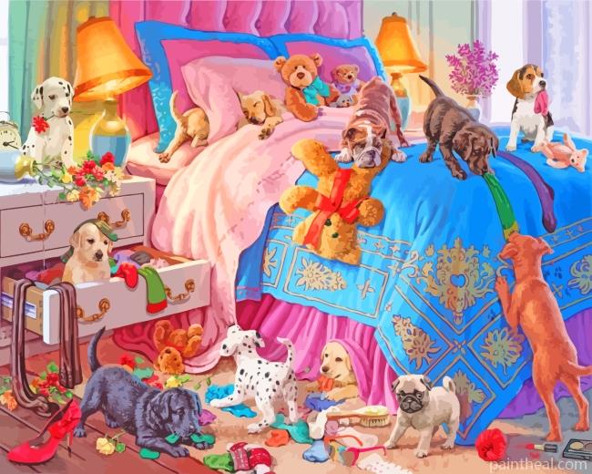 Puppies In Bedroom Painting By Numbers Kits