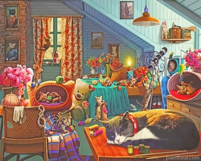 Kittens In Bedroom Painting By Numbers Kits