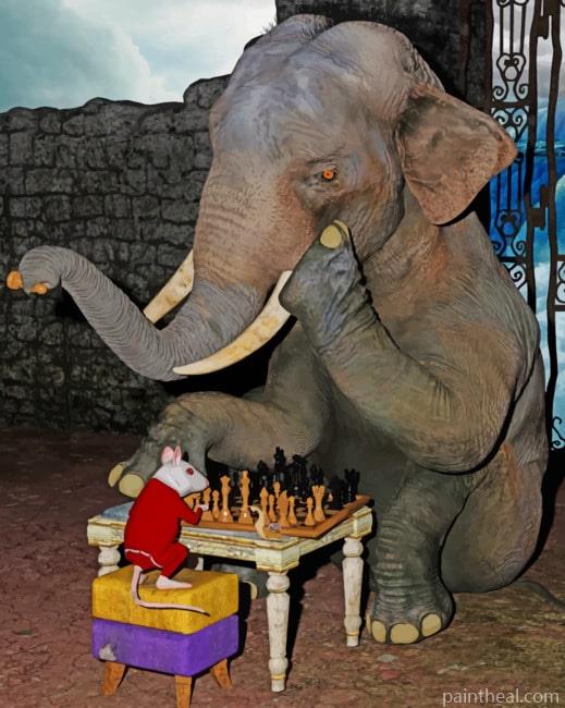 Elephant And Mouse Playing Chess Painting By Numbers Kits