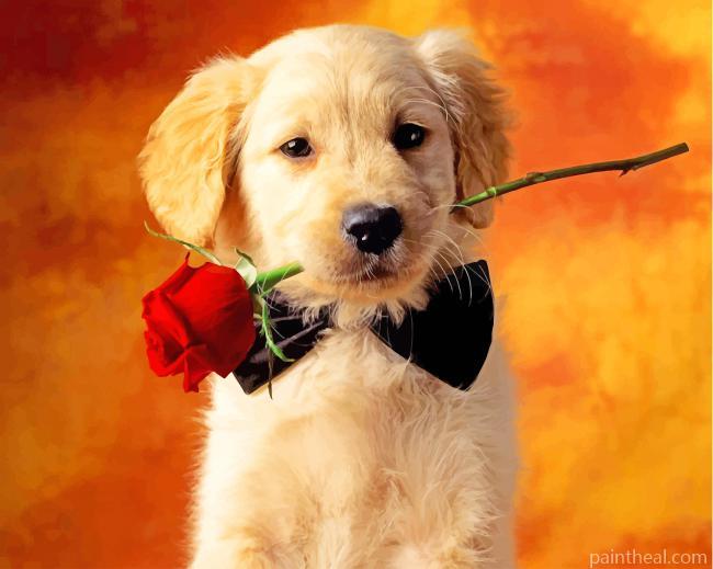 Puppy Holding A Flower Painting By Numbers Kits