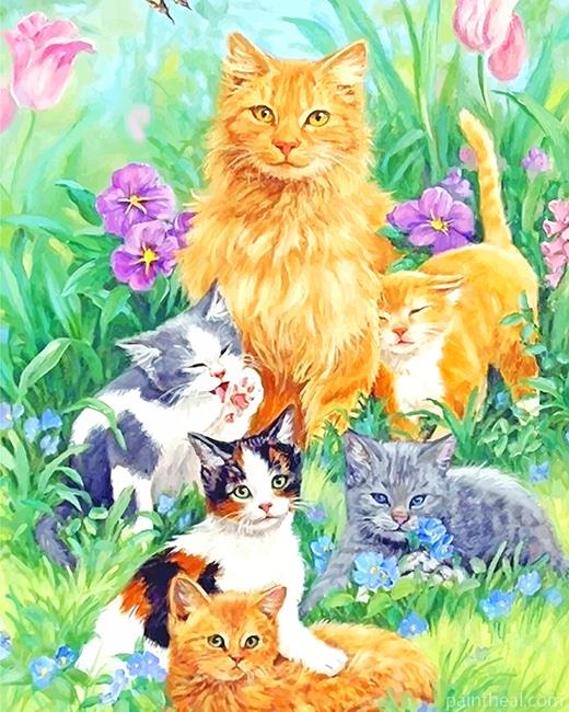 Cats Family In Garden Painting By Numbers Kits
