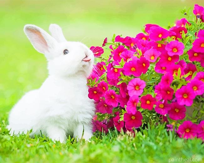 White Rabbit With Flowers Painting By Numbers Kits