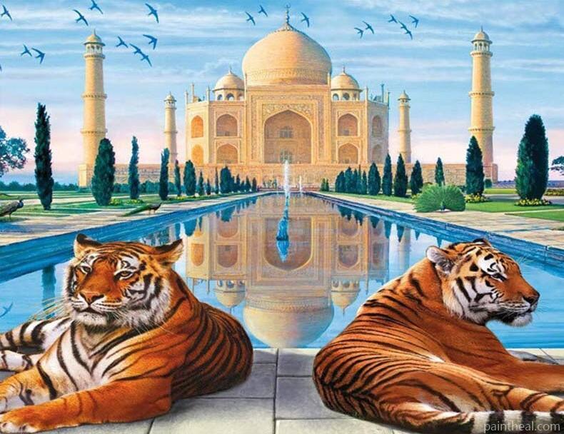 Tiger In Taj Mahal Painting By Numbers Kits