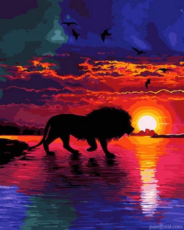 Lion Silhouette At Sunset Painting By Numbers Kits