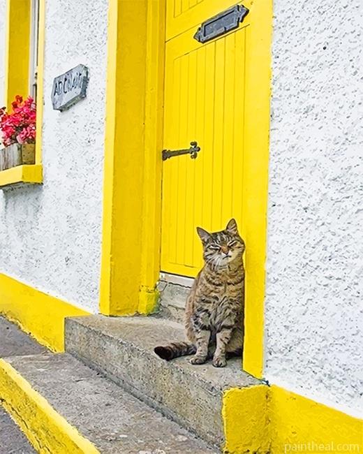 Kitty Near Yellow Door Painting By Numbers Kits