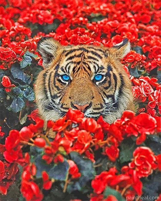 Tiger In Red Flowers Painting By Numbers Kits
