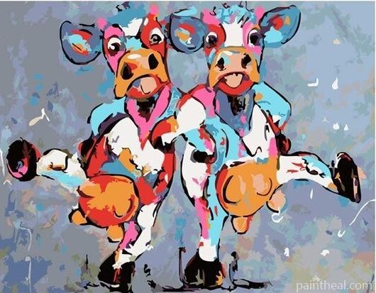 Two Colorful Cow Dancing Painting By Numbers Kits