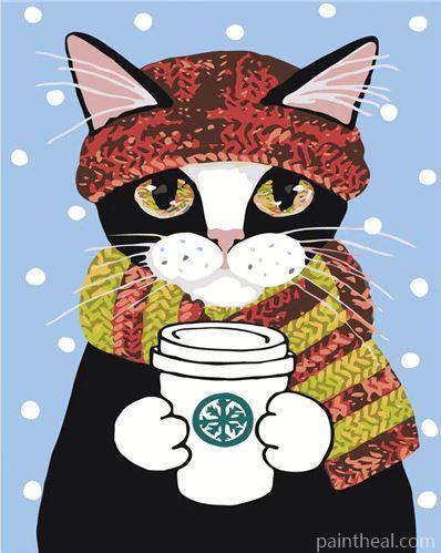 Cat Winter Coffee Painting By Numbers Kits