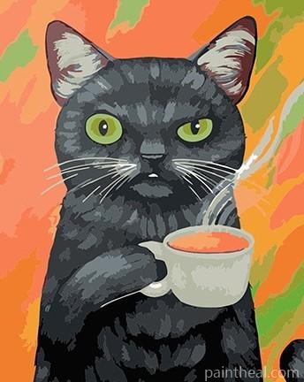 Black Cat Drinking Tea Painting By Numbers Kits