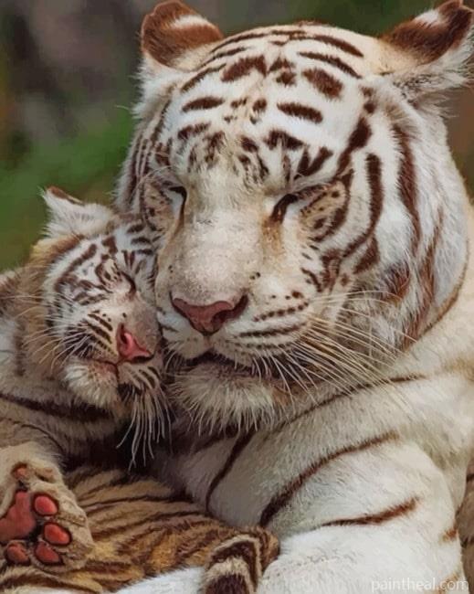 Mom And Her Baby White Tiger Painting By Numbers Kits