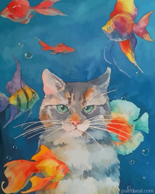 Cat With Fishes In The Water Painting By Numbers Kits