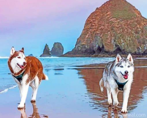 Siberian Huskies On Beach – 5D Diamond Painting Painting By Numbers Kits