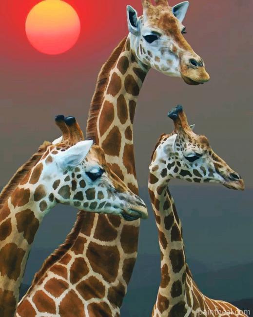 Giraffe With Babies In Sunset Painting By Numbers Kits