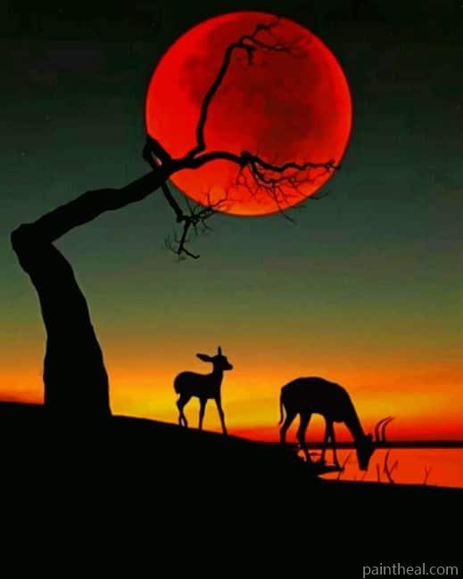 Red Moon With Deer Painting By Numbers Kits