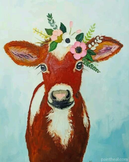 Brown Cow With Flower Painting By Numbers Kits