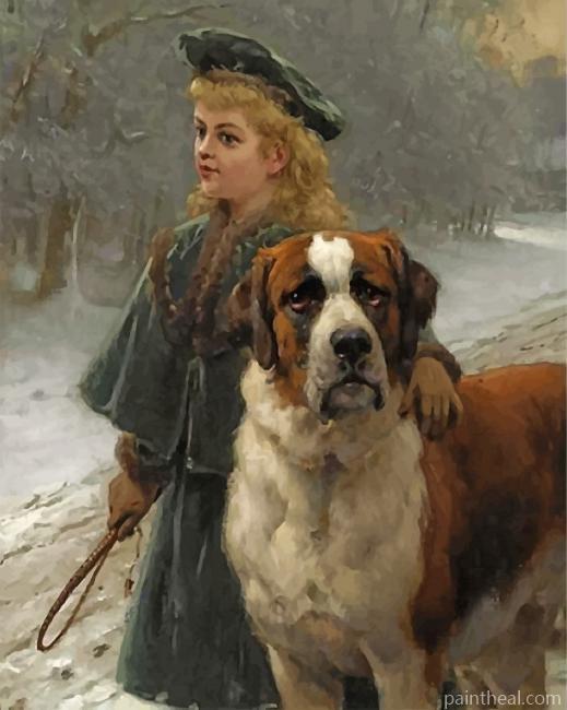 Vintage Girl And Saint Bernard Painting By Numbers Kits