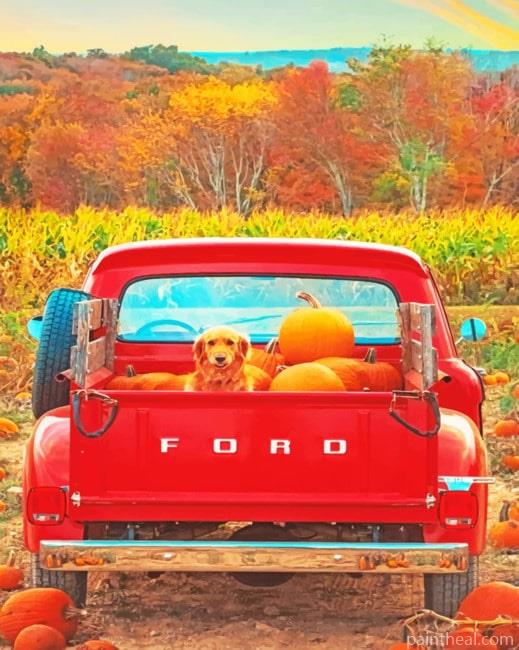Dog And Pumpkins In A Red Truck Painting By Numbers Kits