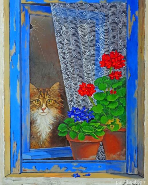 Cat Looking Through The Window Painting By Numbers Kits