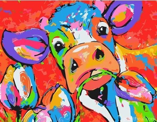 Colorful Cow Eating A Flower Painting By Numbers Kits
