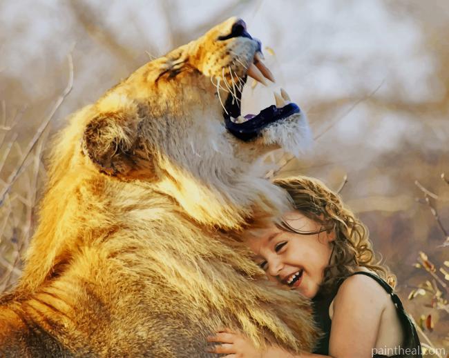 Little Girl Hugging A Lion Painting By Numbers Kits