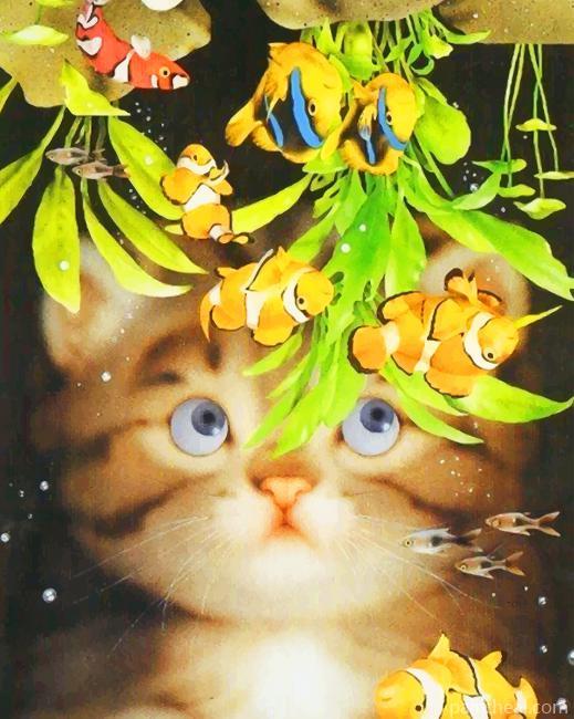 Adorable Cat Watching Yellow Koi Fishes Painting By Numbers Kits
