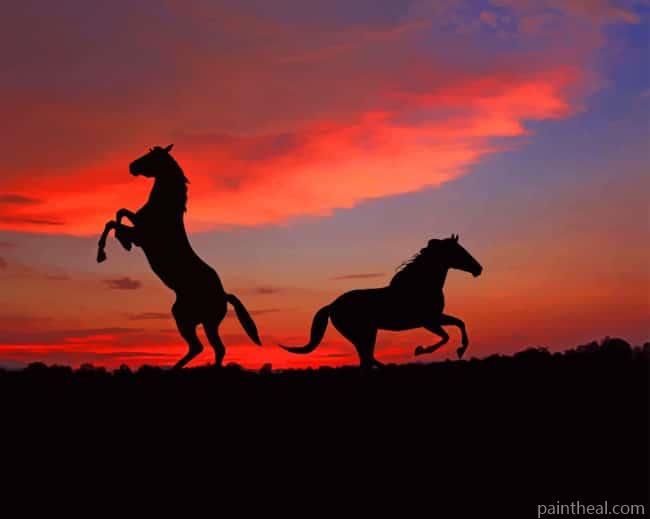 Silhouette Horses At Sunset Painting By Numbers Kits