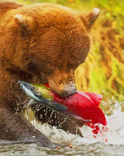 Grizzly Bear Catching Salmon – 5D Diamond Painting Painting By Numbers Kits